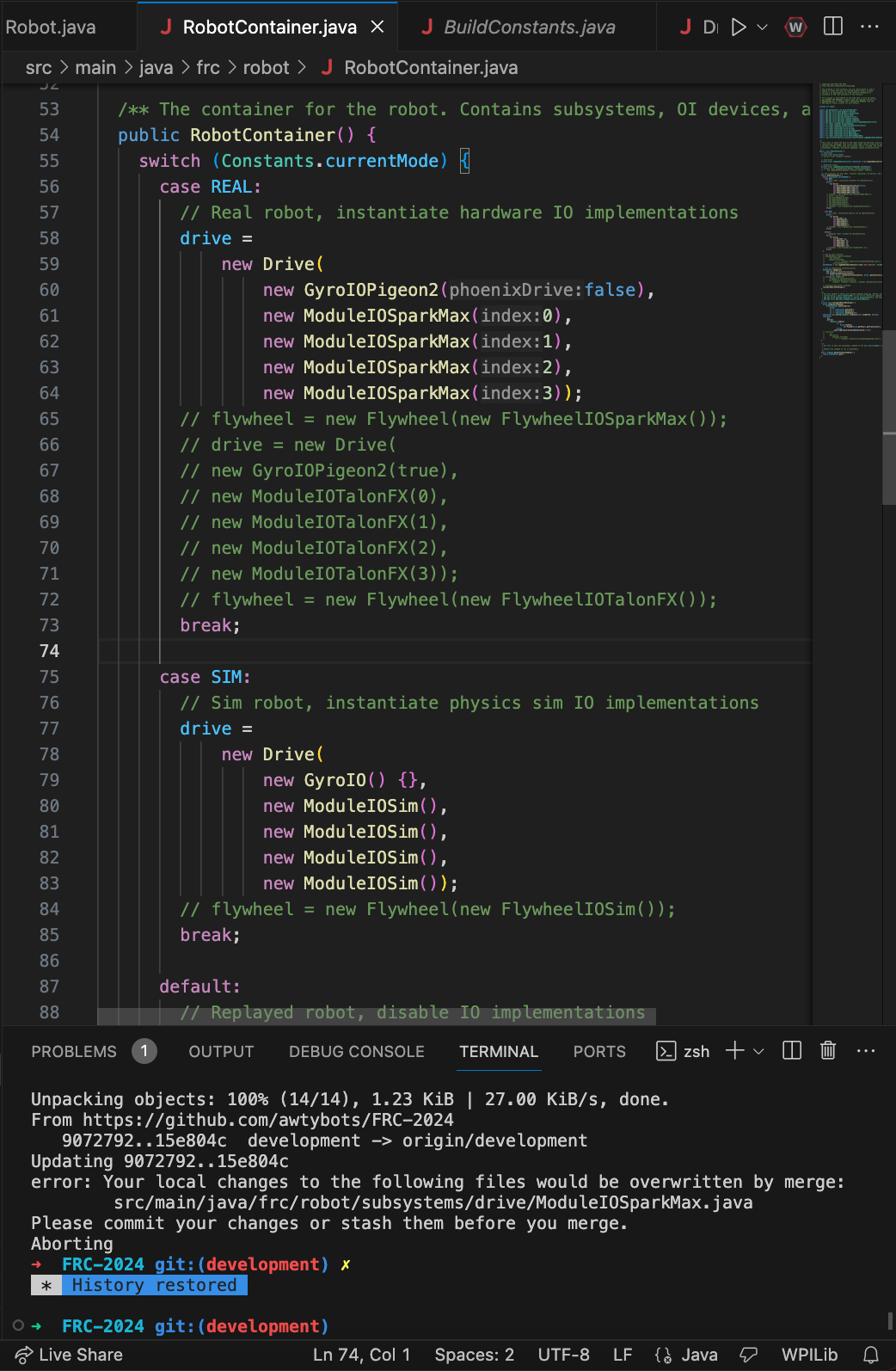 A screenshot of some code in VSCode. Specifically, the RobotContainer.java file, near the beginning of the class.