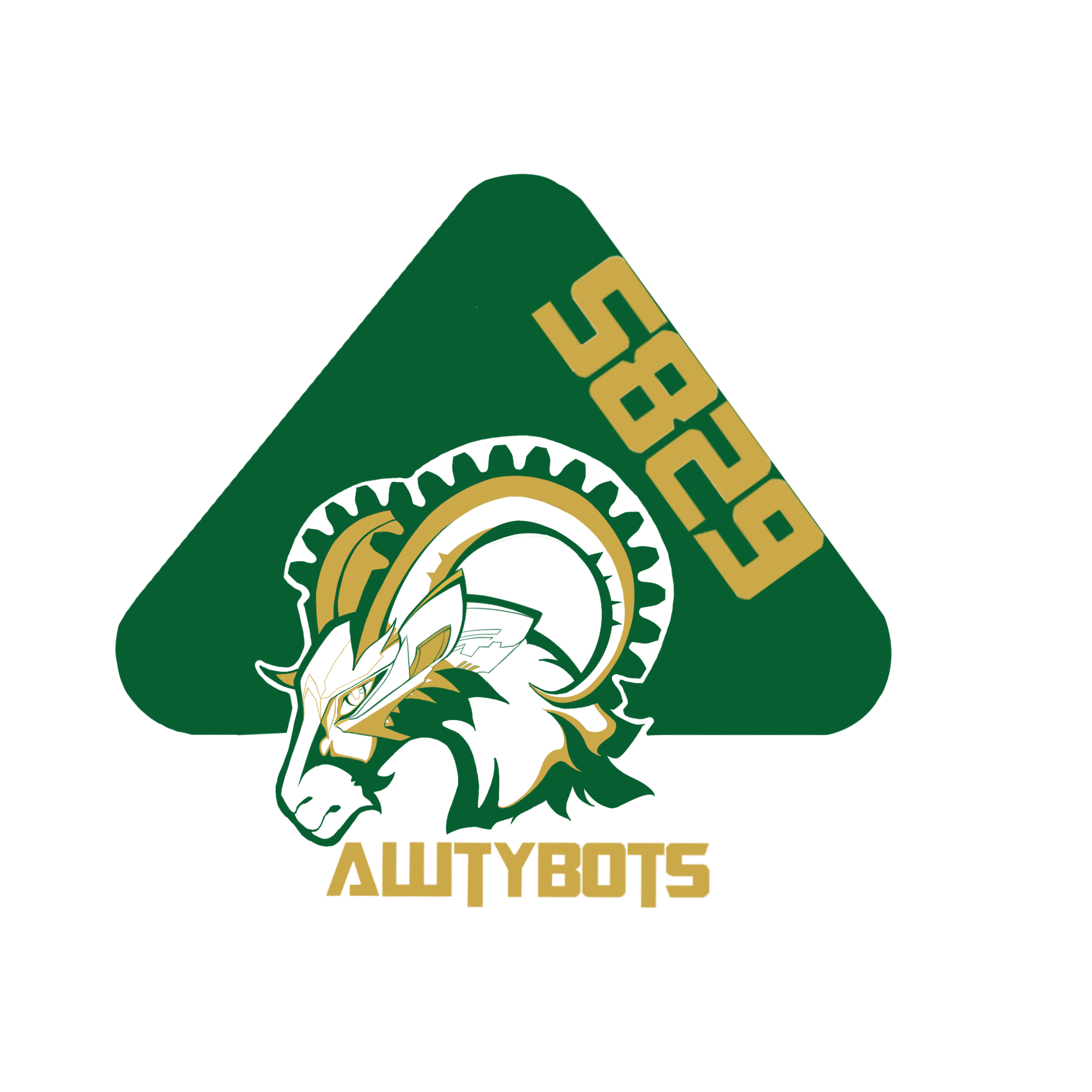 The Awtybots logo. Consists of the green rounded triangle Awty International School logo as a base, the team number 5829 written in golden block letters on the top right side of the triangle, and the Awty Ram mascot integrated into the center and the bottom of the triangle, with gear-like horns. 'Awtybots' is also written along the bottom in gold text.